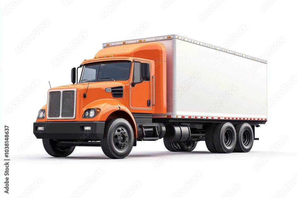 Orange Delivery Truck with White Box Trailer Isolated on White Background Orange Delivery Truck with White Box Trailer Isolated on White Background