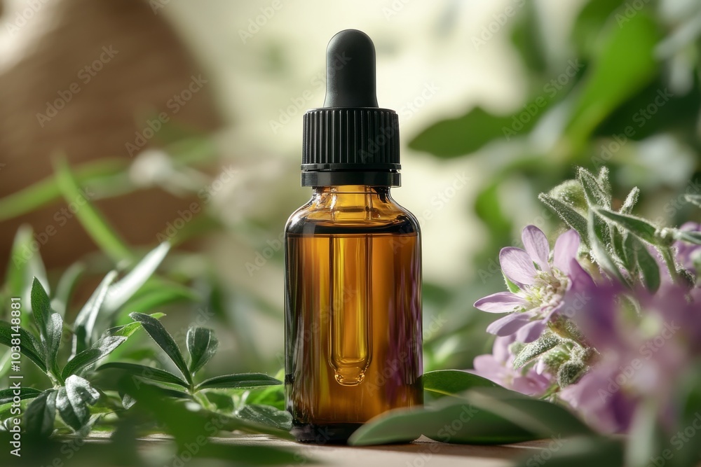 Essential Oil Bottle With Dropper In Green Leaves Essential Oil Bottle With Dropper In Green Leaves
