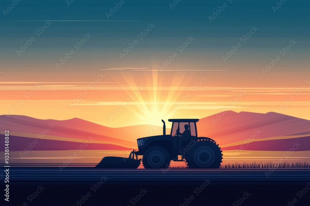 A silhouette of a tractor against a stunning sunset over mountains and a calm lake, capturing the essence of rural life. A silhouette of a tractor against a stunning sunset over mountains and a calm lake, capturing the essence of rural life.