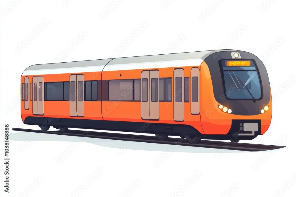Modern Orange Suburban Train on Rails Isolated on White Background Modern Orange Suburban Train on Rails Isolated on White Background
