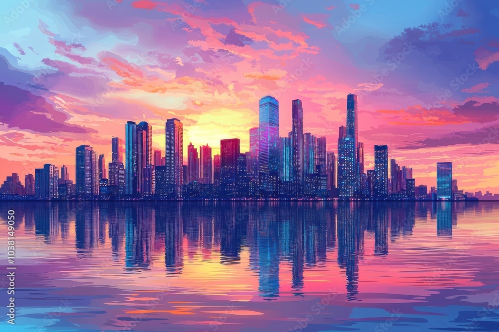 Fototapeta premium A stunning digital skyline at sunset, featuring skyscrapers reflected in a calm body of water, blending vibrant colors beautifully.