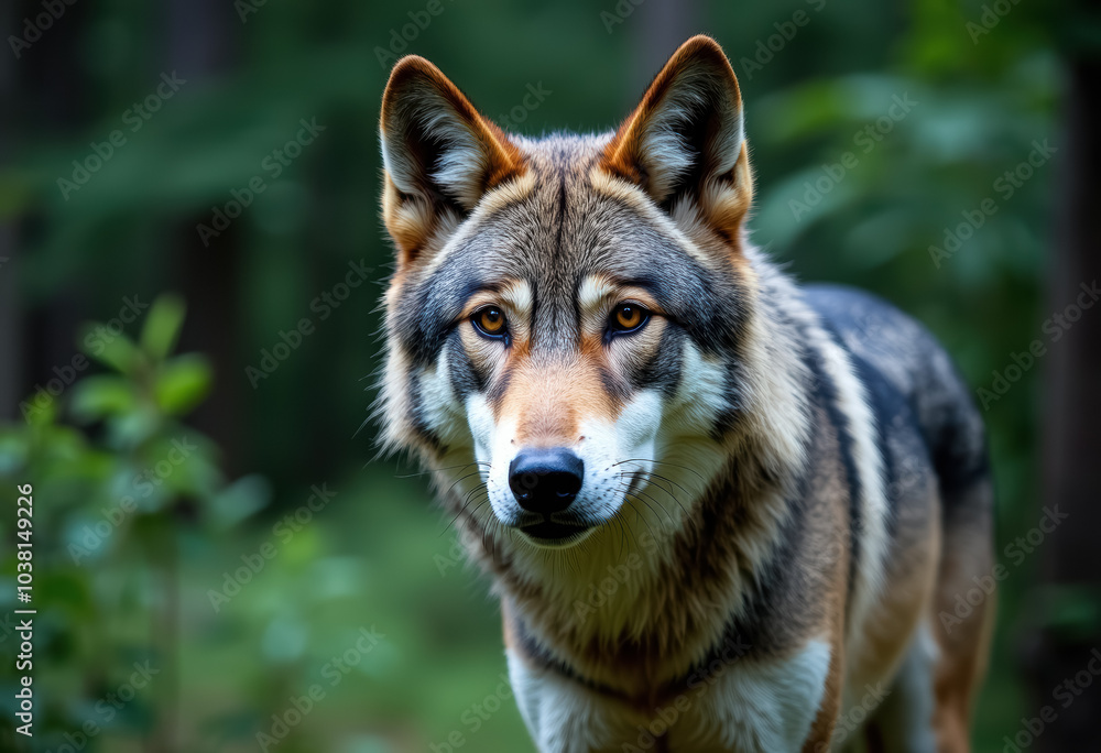 Close-up portrait of a wolf in a forested environment Close-up portrait of a wolf in a forested environment