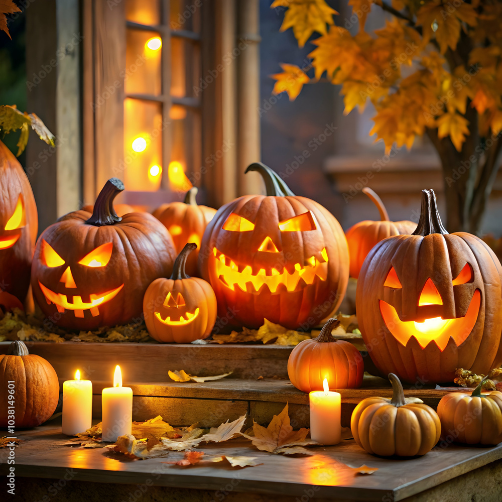 Fototapeta premium A group of intricately carved pumpkins with eerie faces