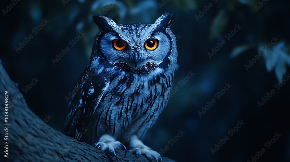 Owl with piercing gaze in serene moonlit woodland scene image Owl with piercing gaze in serene moonlit woodland scene image