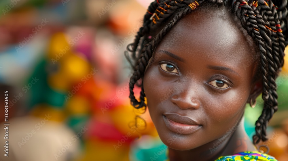 A soulful portrait capturing the grace of a Chadian woman with cascading ebony curls, mahogany skin, and soulful chestnut eyes, positioned against the vibrant markets of N'Djamena A soulful portrait capturing the grace of a Chadian woman with cascading ebony curls, mahogany skin, and soulful chestnut eyes, positioned against the vibrant markets of N'Djamena