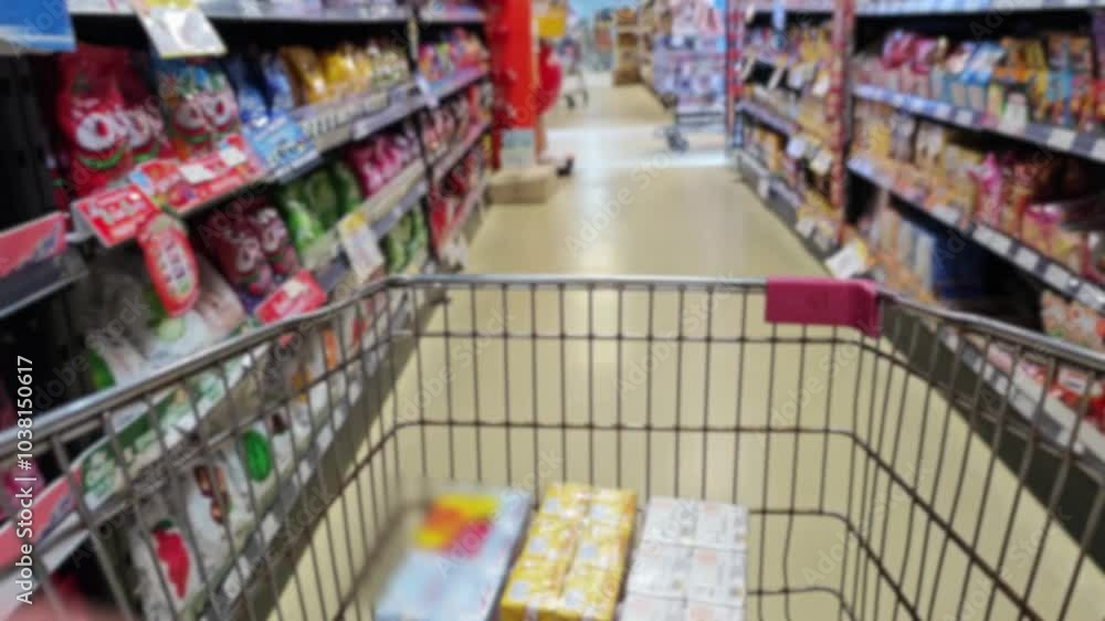 Shopping cart trolley with a product on shelves at aisle of grocery store supermarket  Buying  product.