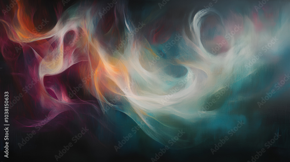 An abstract painting featuring swirling and intertwined colors in a range of red, orange, yellow, white, green, and blue hues. An abstract painting featuring swirling and intertwined colors in a range of red, orange, yellow, white, green, and blue hues.