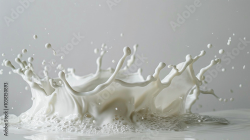 Dynamic splashes of white milk on a light colored background. Liquid forms intricate patterns and droplets, creating a visually vibrant and abstract image