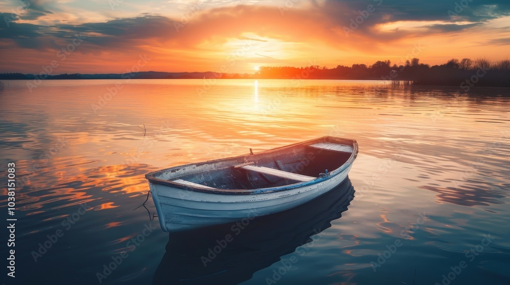 Tranquil sunset over a serene lake with a gentle boat reflecting vibrant colors on the water Tranquil sunset over a serene lake with a gentle boat reflecting vibrant colors on the water
