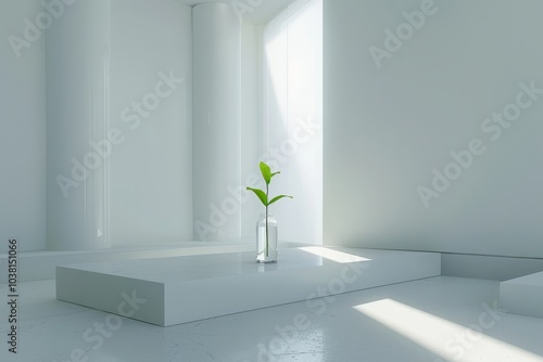 A stark white laboratory room with minimalist furnishings. In the center, a small glass vial containing a single green sprout. The vial is illuminated by a beam of soft, natural light filtering