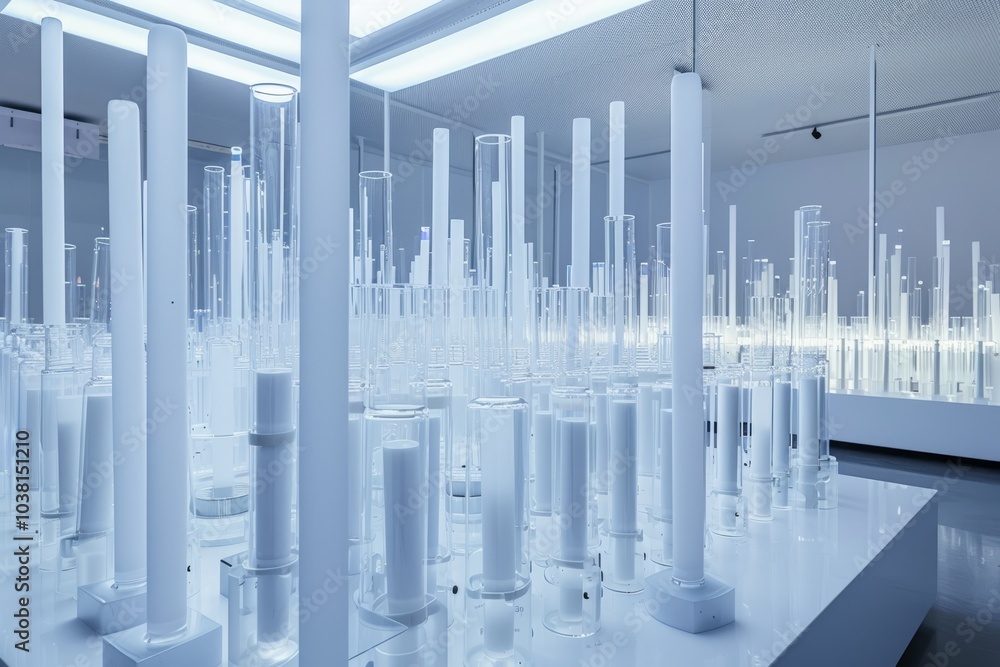 A sterile laboratory setting with rows of glass tubes filled with glowing argon gas. The tubes are arranged in precise formations, reflecting the ordered nature of scientific inquiry A sterile laboratory setting with rows of glass tubes filled with glowing argon gas. The tubes are arranged in precise formations, reflecting the ordered nature of scientific inquiry