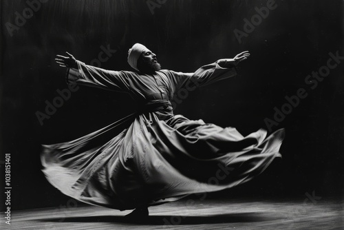 A striking black and white photograph focusing on the serene expression of a Sufi dervish in mid-whirl, with sharp contrasts and dramatic lighting, reminiscent of the profound, contemplative portraits