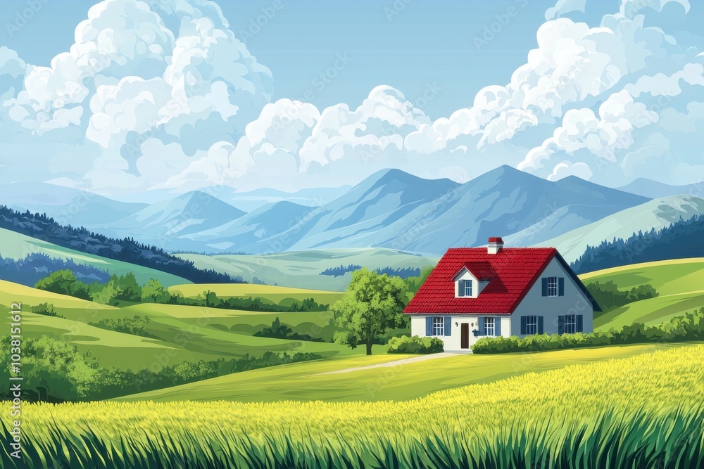 Vibrant countryside landscape featuring a charming house amid rolling hills, lush fields, and a clear blue sky. Vibrant countryside landscape featuring a charming house amid rolling hills, lush fields, and a clear blue sky.
