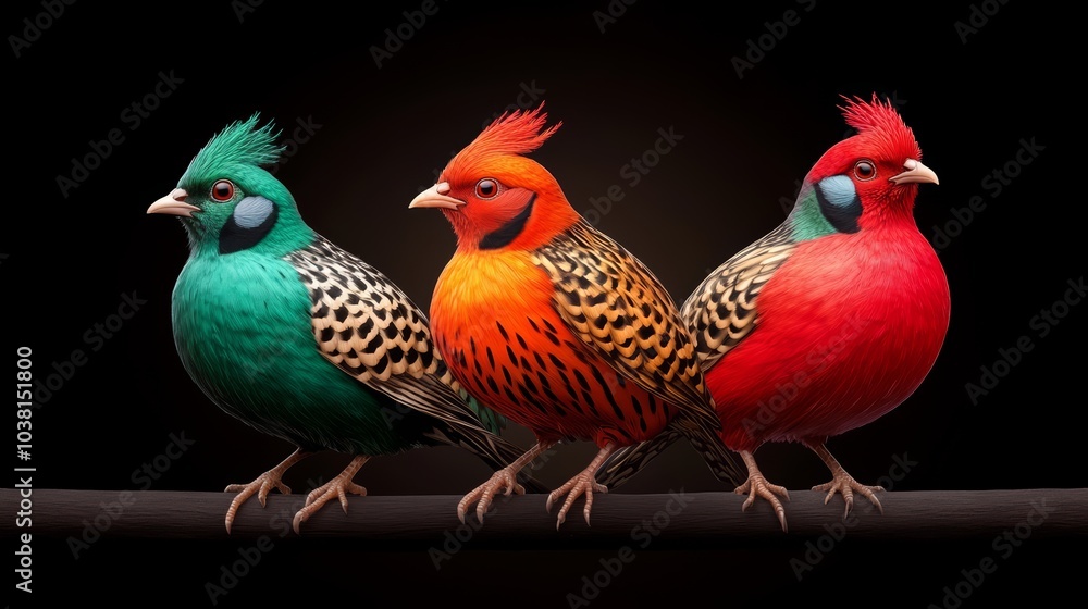 Fototapeta premium Colorful birds sitting on a branch, black isolated background.