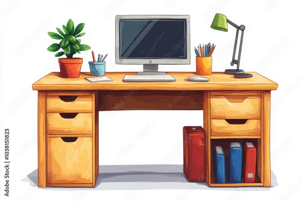 Cartoon Wooden Desk with Computer Lamp and Office Supplies Cartoon Wooden Desk with Computer Lamp and Office Supplies