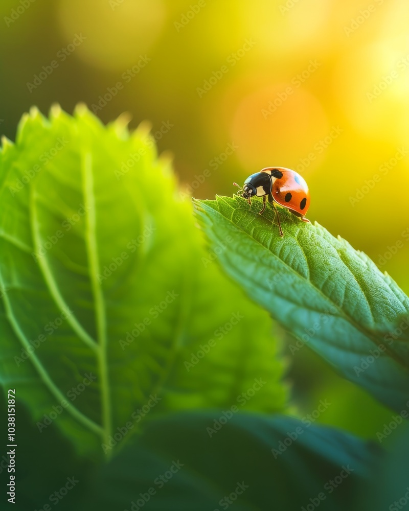 Fototapeta premium macro shot of a ladybug delicately perched on a vibrant green leaf, the sun casting a warm glow on the intricate details of its tiny body. The background is a blurred expanse of lush foliage
