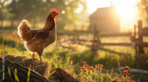 Curious chicken in a sunlit barnyard surrounded by rustic farm elements and gentle sunlight glow