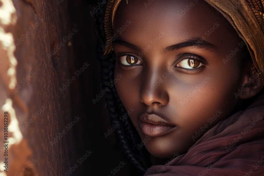 A striking portrait capturing the allure of an Ethiopian girl with ebony-black hair, rich mahogany skin, and soulful coffee-brown eyes against the ancient rock-hewn churches of Lalibela. A striking portrait capturing the allure of an Ethiopian girl with ebony-black hair, rich mahogany skin, and soulful coffee-brown eyes against the ancient rock-hewn churches of Lalibela.