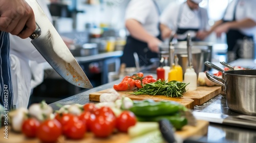 Fototapeta Naklejka Na Ścianę i Meble -  A bustling culinary school kitchen with chef's knives and cooking utensils, Fresh ingredients laid out for a cooking class, Gourmet cuisine style