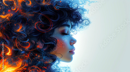 Attractive woman with long curly hair with fiery splashes, close-up. The woman's eyes are closed, and her face has a serene expression. A backdrop for advertising a beauty salon