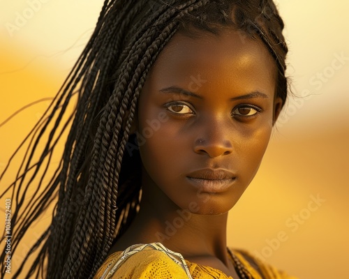 Mauritanian girl, her ebony hair flowing like silk, her golden skin bathed in the soft hues of the desert sunset. Positioned against the backdrop of the Adrar Plateau, the image evokes a sense of time