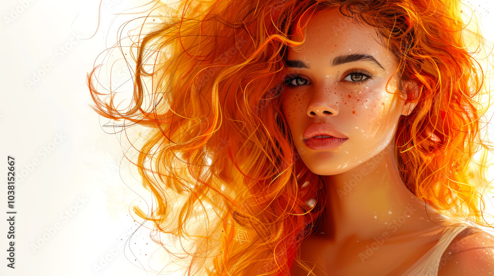 Fototapeta premium A beauty with a shock of red hair on a white background. A pretty young woman with orange fiery hair and sensual eyes. Advertising of a beauty salon. The most beautiful woman