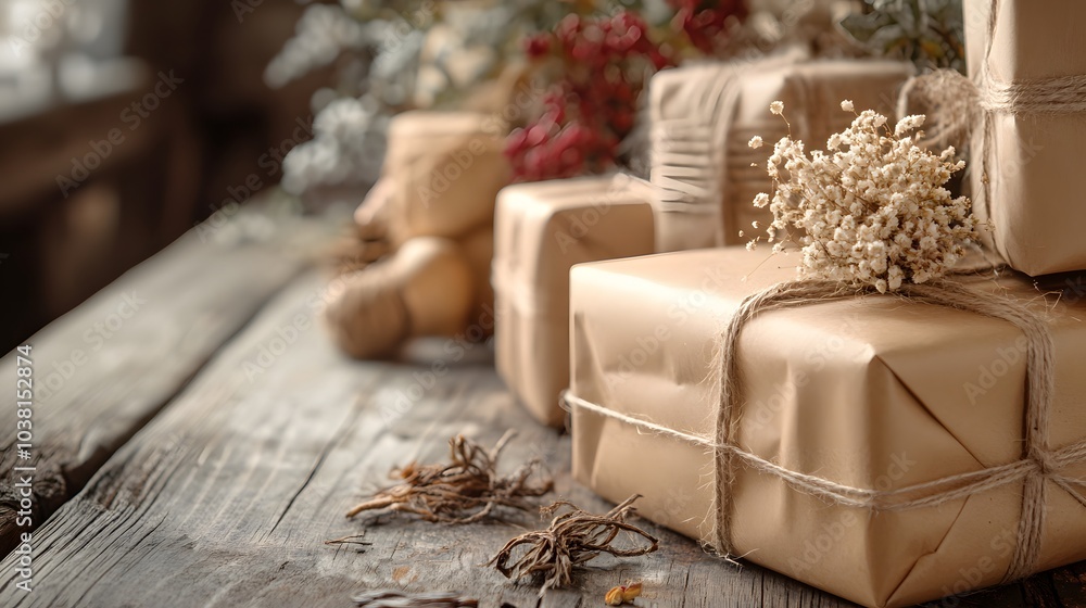 Close-up of a brown gift box with twine and dried flowers on a wooden table. Close-up of a brown gift box with twine and dried flowers on a wooden table.