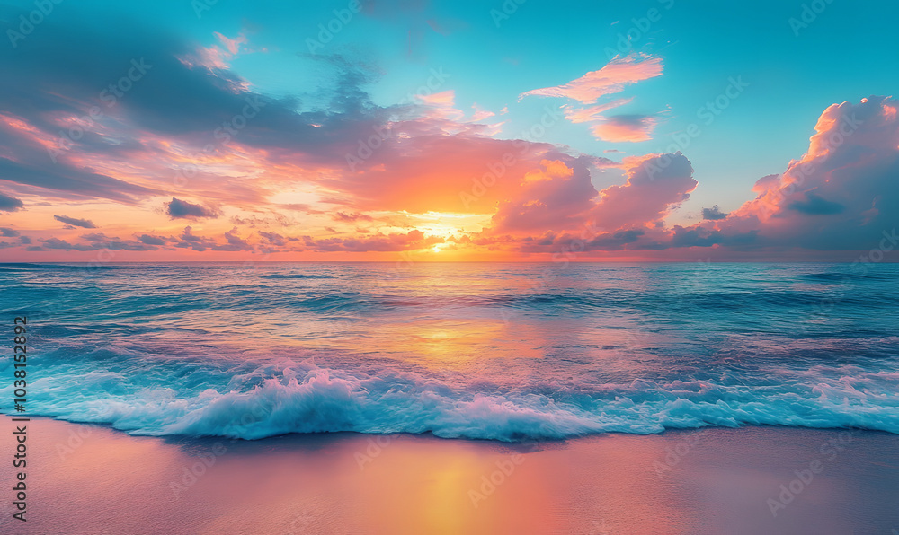 Fototapeta premium Beautiful coast at sunset, waves hitting the sand, mobile wallpaper, computer wallpaper