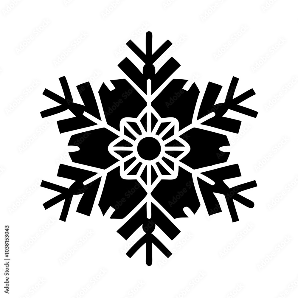 Striking black snowflake with starburst design on transparent background for winter graphics Striking black snowflake with starburst design on transparent background for winter graphics