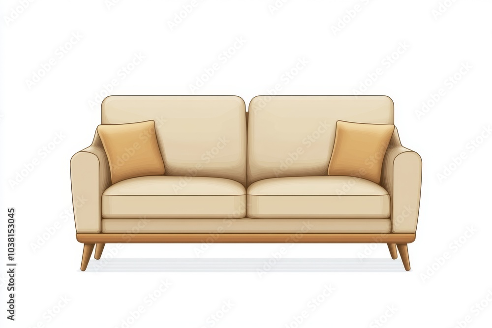 Beige Sofa With Wooden Legs And Pillows Isolated On White Background Beige Sofa With Wooden Legs And Pillows Isolated On White Background