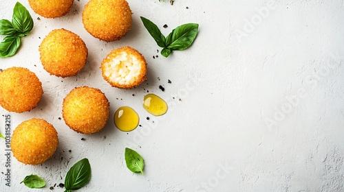 Fototapeta Naklejka Na Ścianę i Meble -  Arancini filled with four-cheese blend, isolated on a light stone background with decorative basil and a drizzle of olive oil