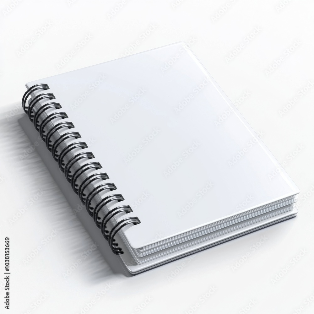 white spiral notebook, floating in air, ceramic surface, white background white spiral notebook, floating in air, ceramic surface, white background