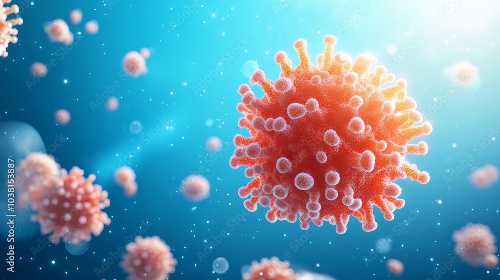 Colorful depiction of a virus on a blue background. Colorful depiction of a virus on a blue background.