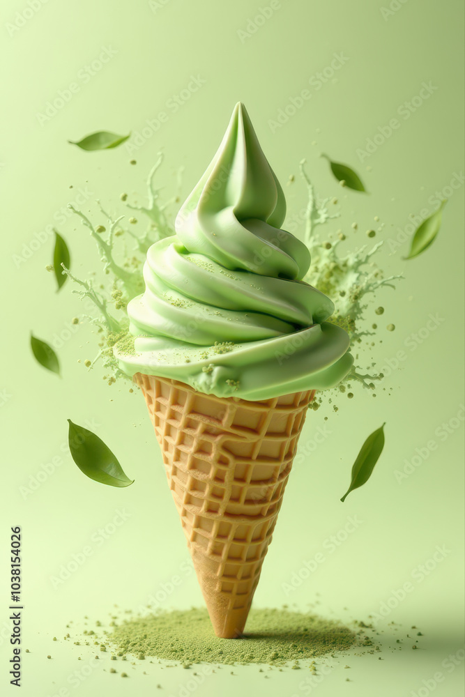 Green tea matcha ice cream cone background with motion of green tea leaf and a cream splash. Green tea matcha ice cream cone background with motion of green tea leaf and a cream splash.