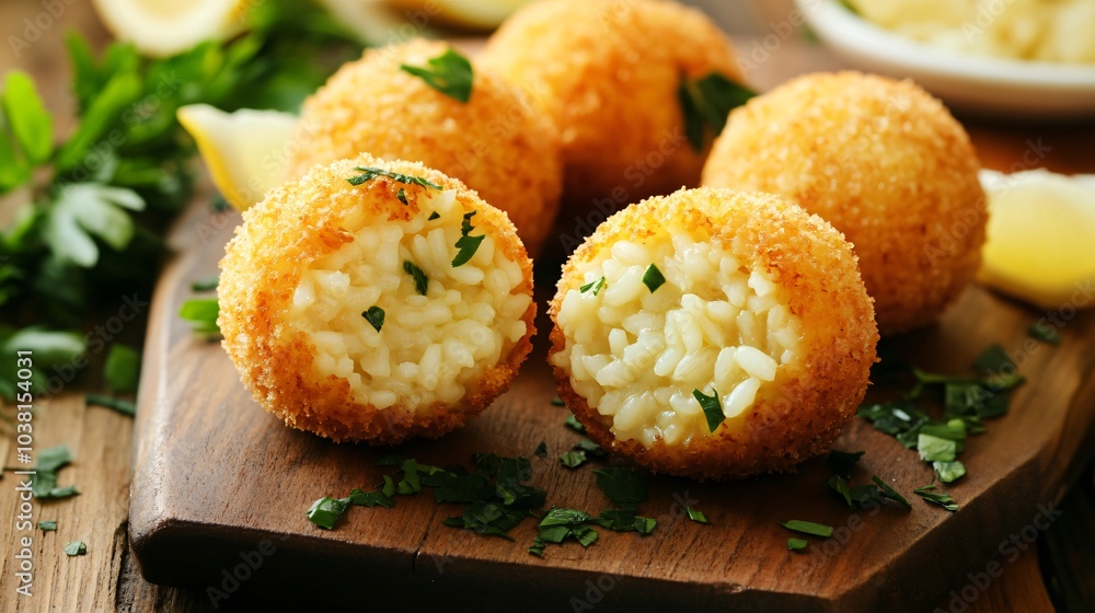 Arancini stuffed with risotto and Parmesan, isolated on a wooden board with fresh herbs and lemon wedges as decoration Arancini stuffed with risotto and Parmesan, isolated on a wooden board with fresh herbs and lemon wedges as decoration