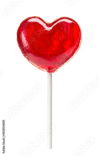 Red heart shaped lollipop isolated on white background