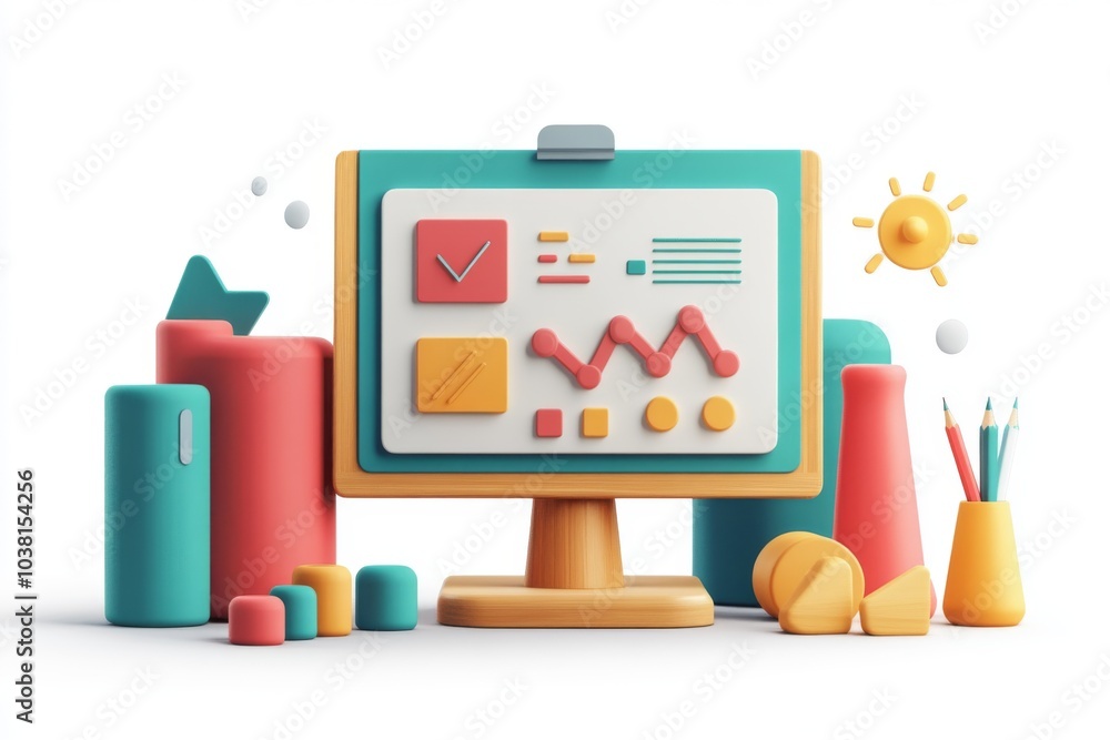 Colorful 3D Rendered Whiteboard with Chart  Checkmark  and Sun