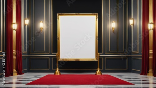 Movie poster mockup hanging in a theater lobby, elegant and well-lit interior