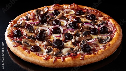 Freshly Baked Pizza Topped with Black Olives and Onions