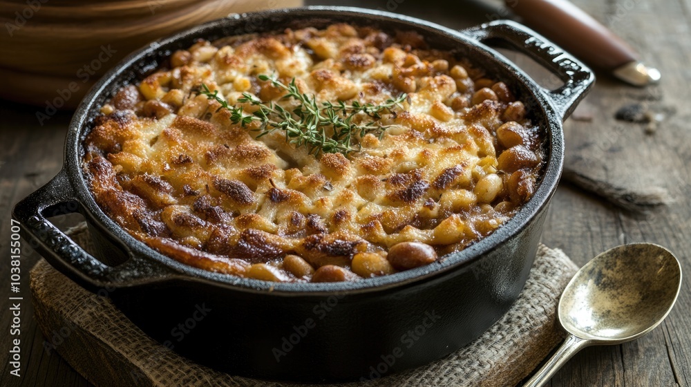 Delicious Cassoulet in Cast Iron Pot Over Rustic Table Delicious Cassoulet in Cast Iron Pot Over Rustic Table