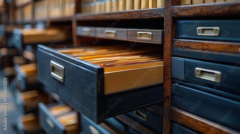 Open blue orange drawers of filing cabinets for storing data, archives and documents in an office setting.. Open blue orange drawers of filing cabinets for storing data, archives and documents in an office setting..