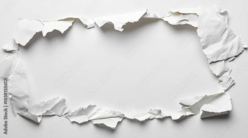 A ripped white paper frame on a white background, creating a minimalistic and abstract composition. A ripped white paper frame on a white background, creating a minimalistic and abstract composition.