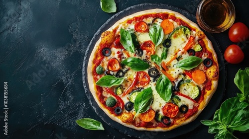 Colorful Pizza Topped with Fresh Vegetables from Above