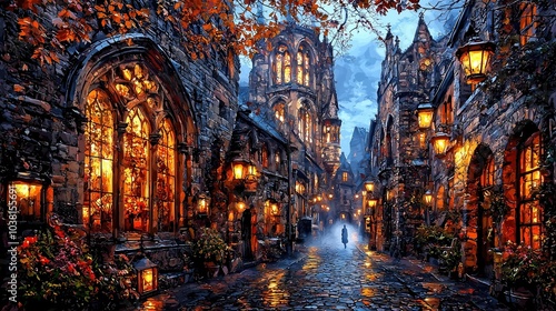 A picturesque, illuminated street scene at dusk, lined with charming buildings and lanterns, surrounded by autumn foliage reflecting in the wet cobblestones.