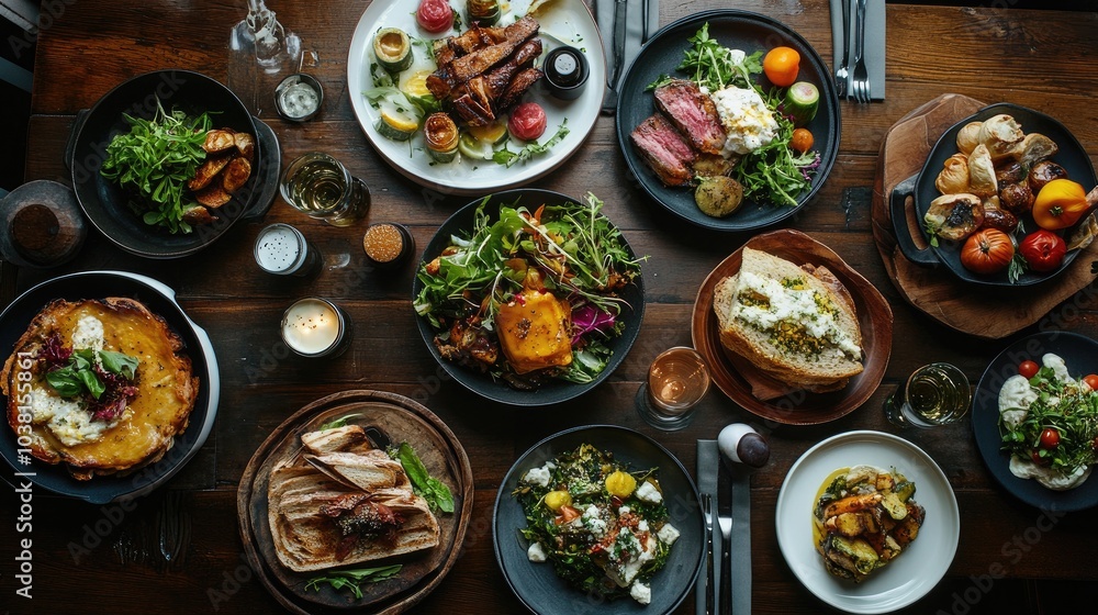 Cozy Table Scene with a Variety of Delicious Foods Cozy Table Scene with a Variety of Delicious Foods
