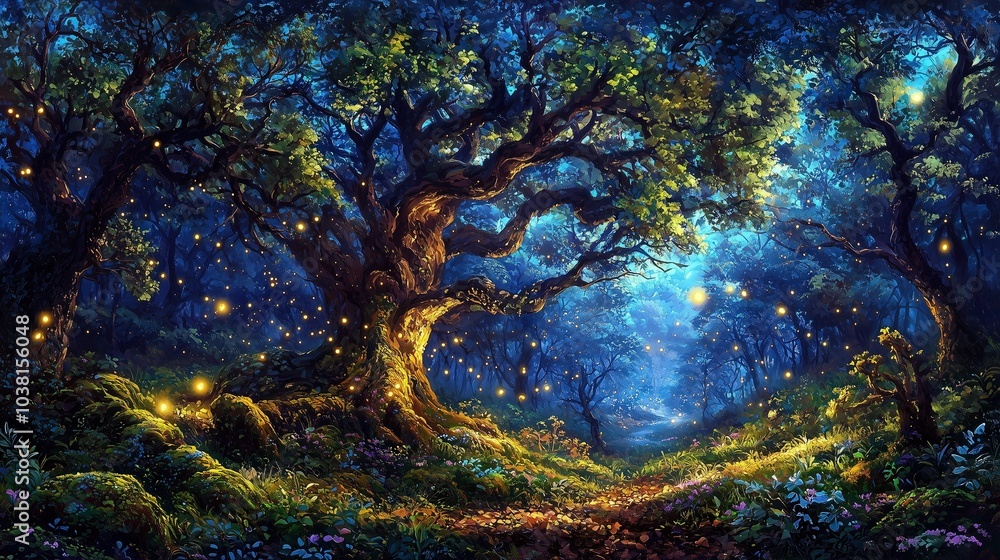 A magical nighttime forest scene illuminated by glowing lights, with majestic trees and a mystical ambiance. A magical nighttime forest scene illuminated by glowing lights, with majestic trees and a mystical ambiance.