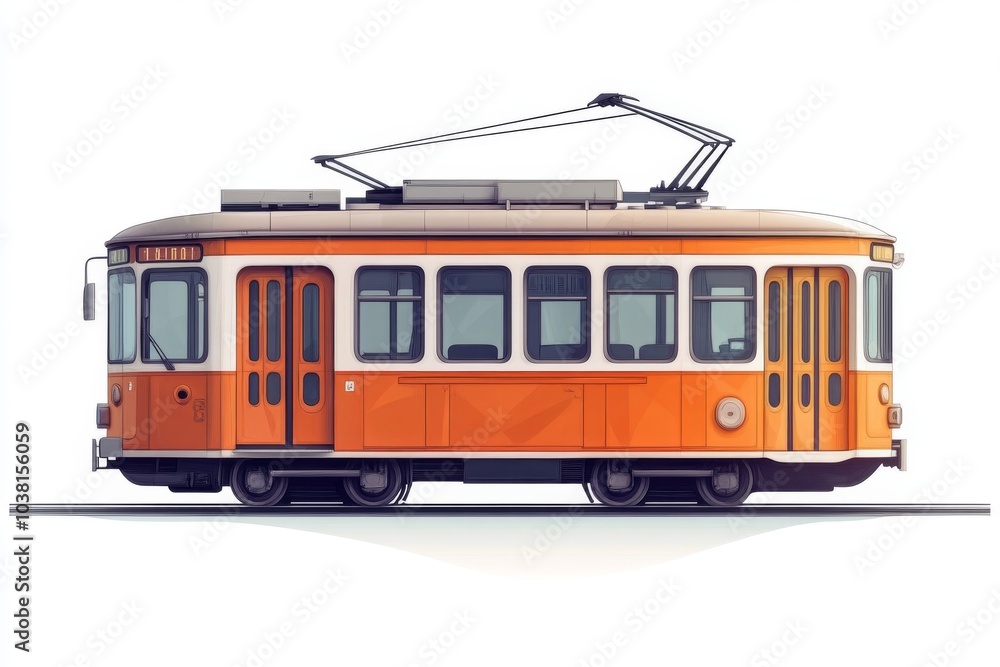 Naklejka premium Orange Vintage Tram on Railway Tracks Public Transportation Urban City Travel Railway 
