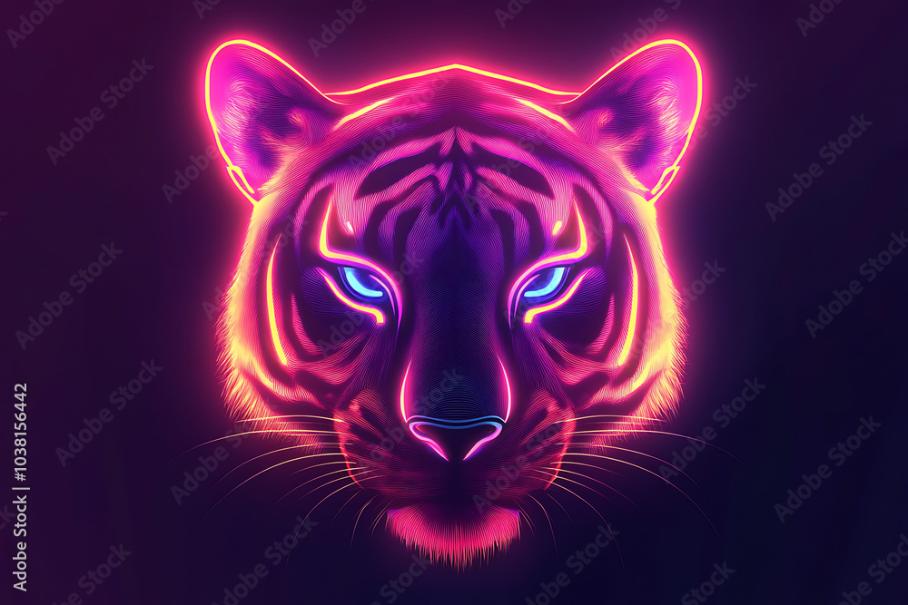 A vibrant neon illustration of a tiger's head with glowing features. A vibrant neon illustration of a tiger's head with glowing features.