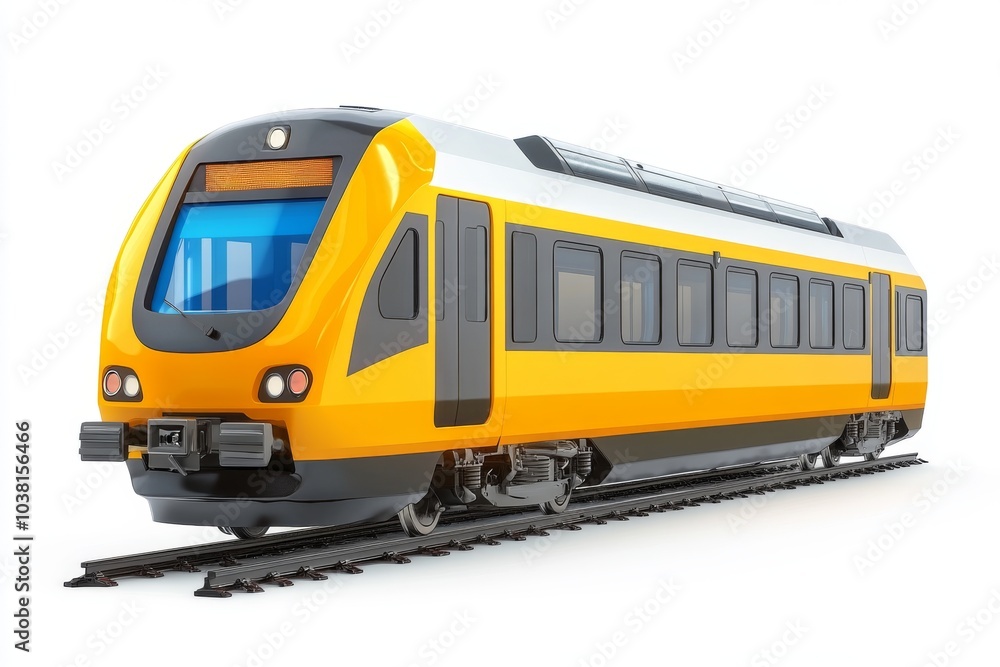 Modern Yellow Train on Railway Tracks Isolated on White Background Modern Yellow Train on Railway Tracks Isolated on White Background