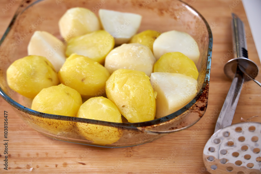 boiled potatoes lying in a clear dish on a board boiled potatoes lying in a clear dish on a board